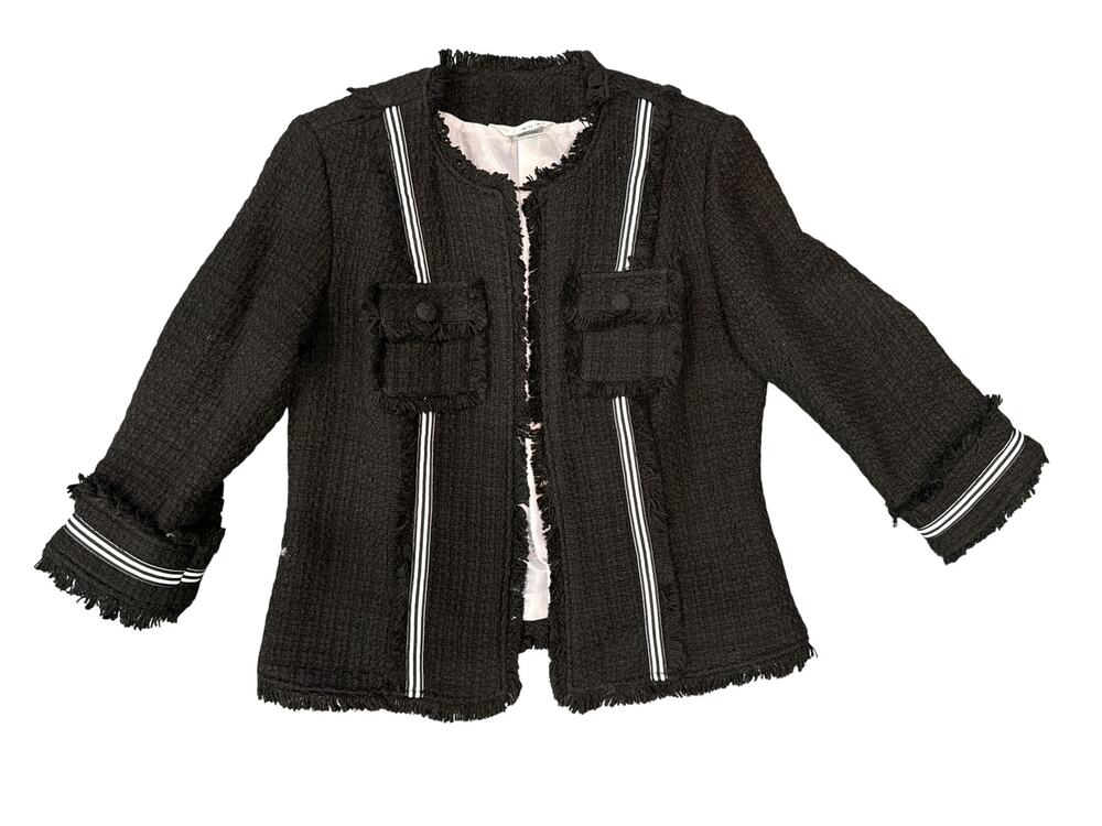 WD NY Tweed Jacket Womens 8 Black Fringe 3/4 Sleeve Chanel Style Blazer